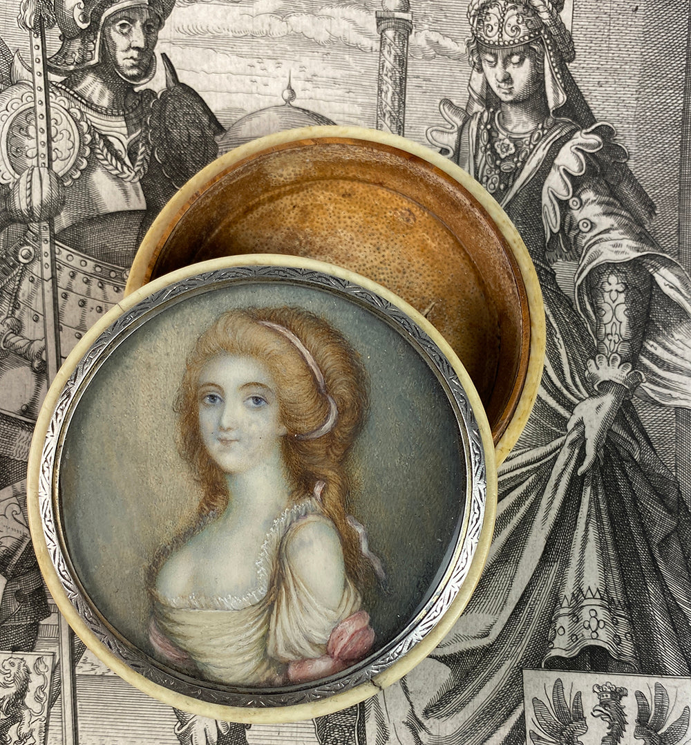 Antique c.1700s French Portrait Miniature Snuff Box, "Naughty" Beautiful Young Woman