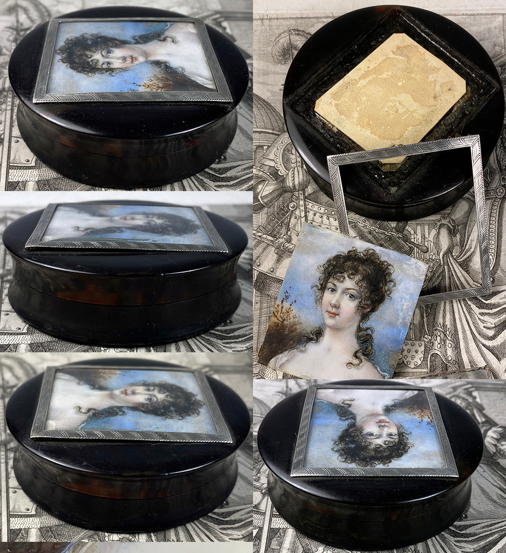 Superb Antique French c.1810 Portrait Miniature Tortoise Shell Snuff Box, Beautiful Young Woman, Naughty