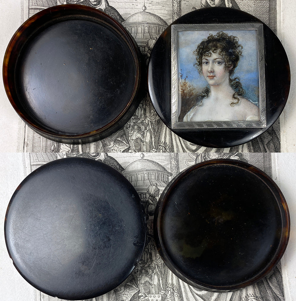 Superb Antique French c.1810 Portrait Miniature Tortoise Shell Snuff Box, Beautiful Young Woman, Naughty