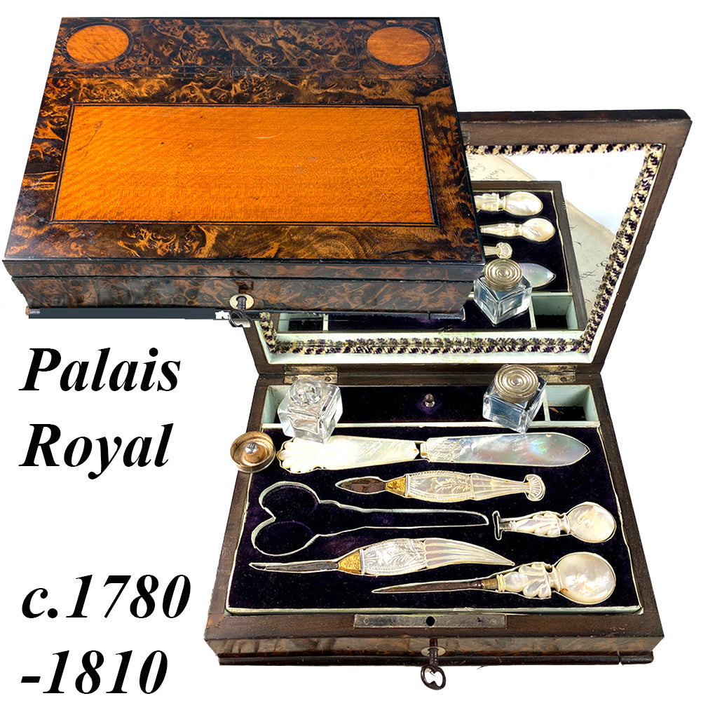 Rare Antique French Writer's Chest, Palais Royal Casket with 18k Mother of Pearl Tools, Inkwells, Wax Seal