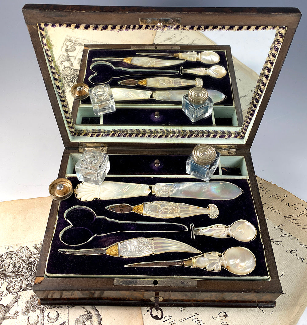 Rare Antique French Writer's Chest, Palais Royal Casket with 18k Mother of Pearl Tools, Inkwells, Wax Seal