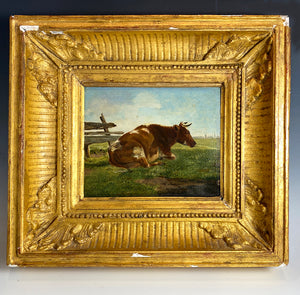 Antique Framed Oil Painting of a Cow, Pastoral, by Eugène Berboeckhoven (1798-1881), Belgium