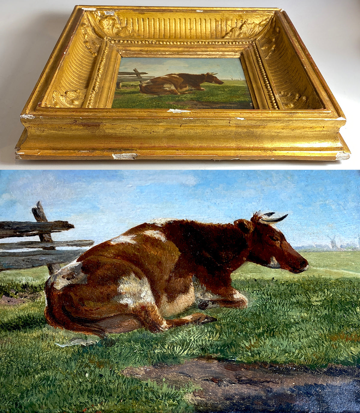 Antique Framed Oil Painting of a Cow, Pastoral, by Eugène Berboeckhoven (1798-1881), Belgium