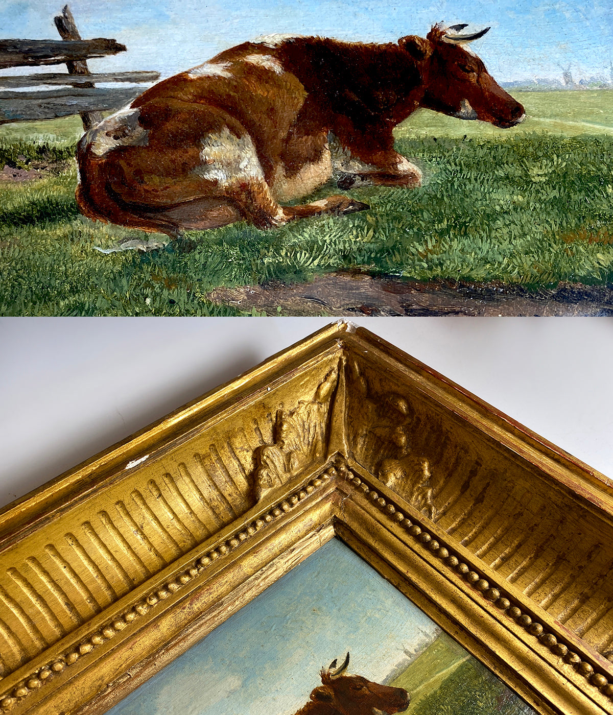 Antique Framed Oil Painting of a Cow, Pastoral, by Eugène Berboeckhoven (1798-1881), Belgium