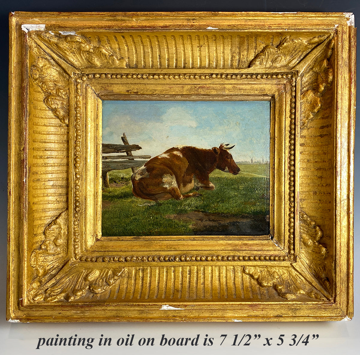 Antique Framed Oil Painting of a Cow, Pastoral, by Eugène Berboeckhoven (1798-1881), Belgium