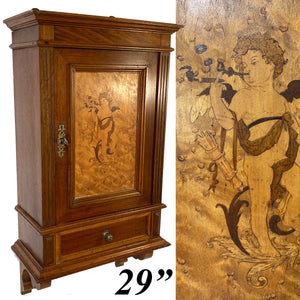 Antique Victorian Era 29" Wall Cabinet, Pipe or Tobacco Smoker's Chest, Figural Putti Marquetry Inlay