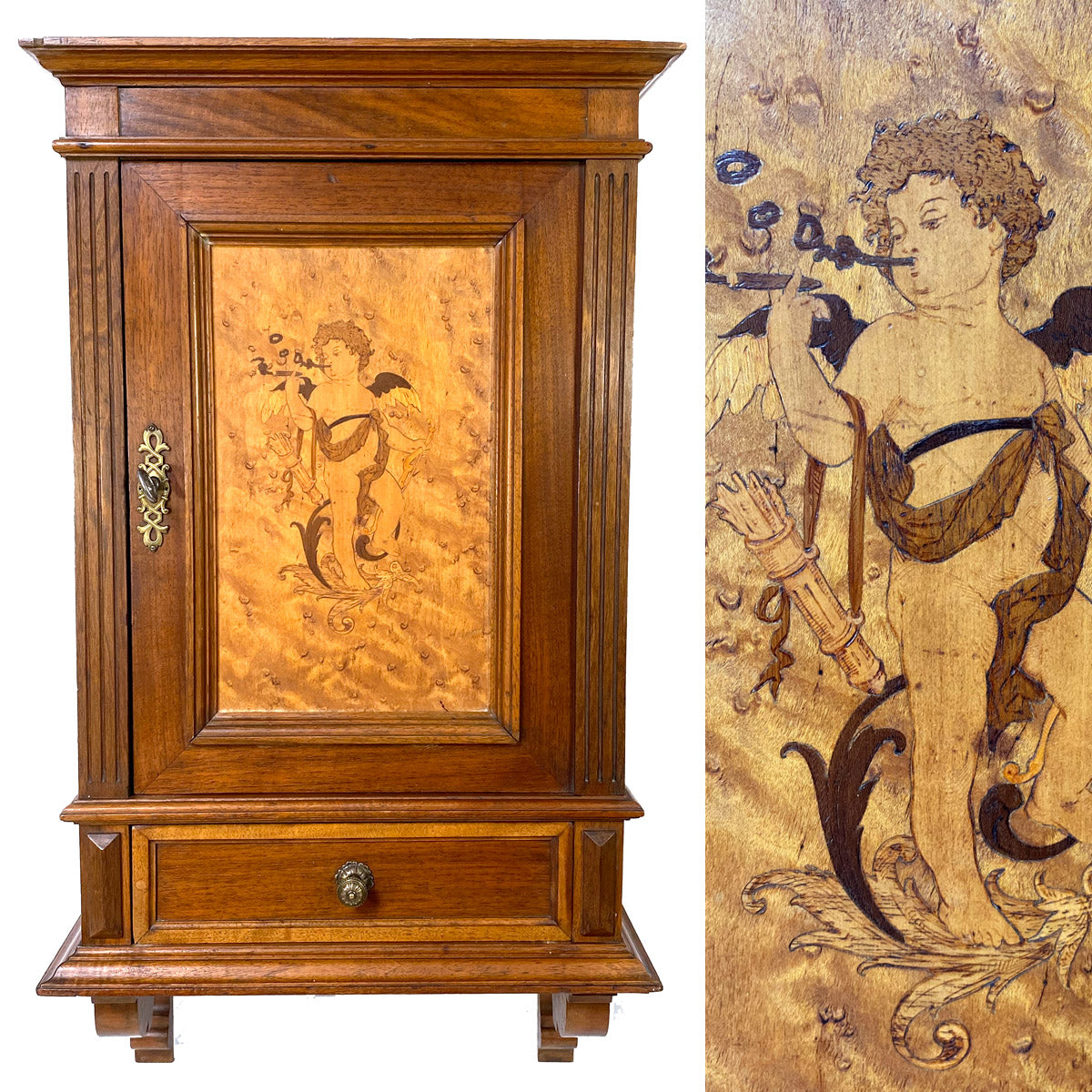 Antique Victorian Era 29" Wall Cabinet, Pipe or Tobacco Smoker's Chest, Figural Putti Marquetry Inlay