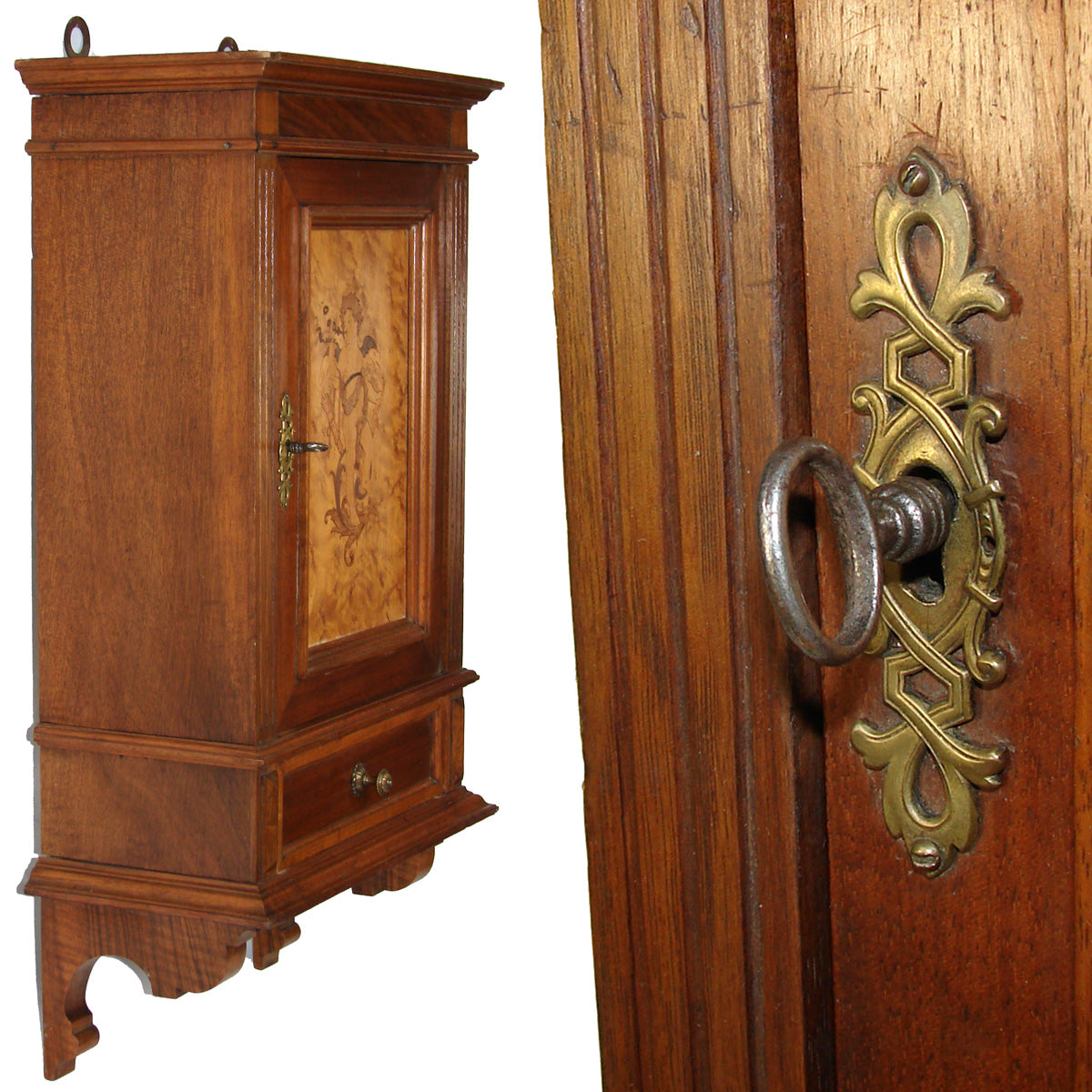 Antique Victorian Era 29" Wall Cabinet, Pipe or Tobacco Smoker's Chest, Figural Putti Marquetry Inlay