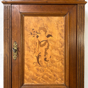 Antique Victorian Era 29" Wall Cabinet, Pipe or Tobacco Smoker's Chest, Figural Putti Marquetry Inlay