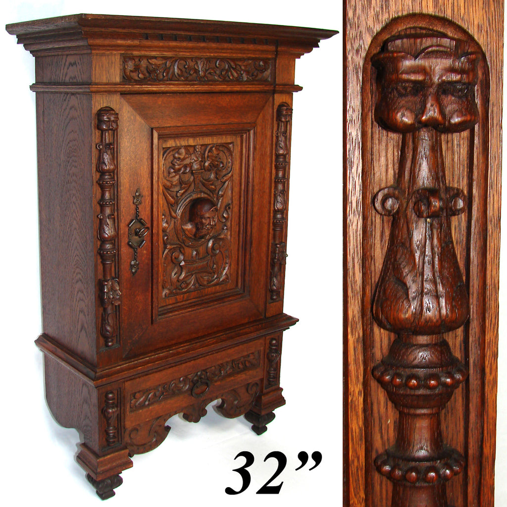 Superb Antique Victorian Era Carved Oak 32" Wall Cabinet, Figural Accents