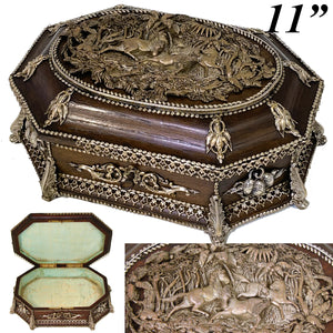 Antique Victorian Era 10.75" Jewelry or Desk Box, Casket, Figural Horses, Ornate Appliques