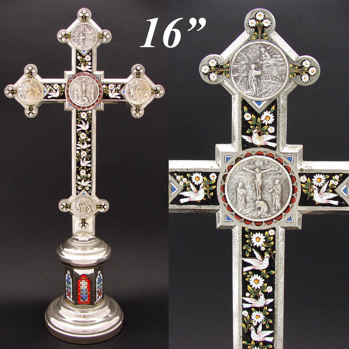 RARE 16" Tall Italian Altar Style Micro Mosaic Crucifix, Doves, Rome Souvenir