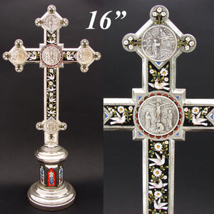 RARE 16" Tall Italian Altar Style Micro Mosaic Crucifix, Doves, Rome Souvenir