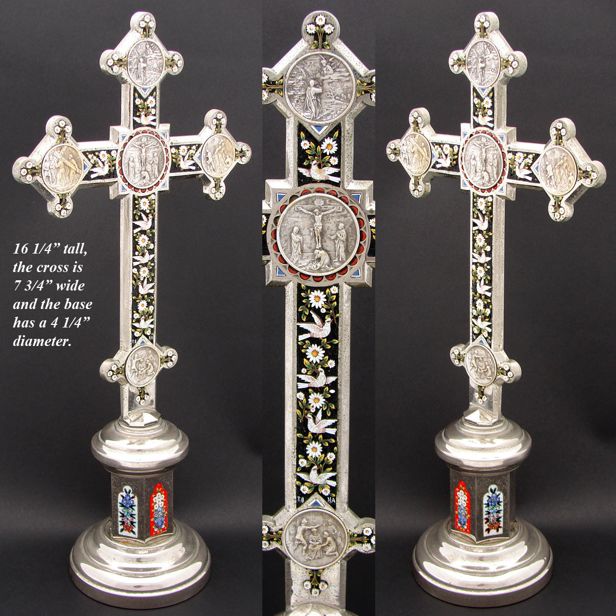 RARE 16" Tall Italian Altar Style Micro Mosaic Crucifix, Doves, Rome Souvenir