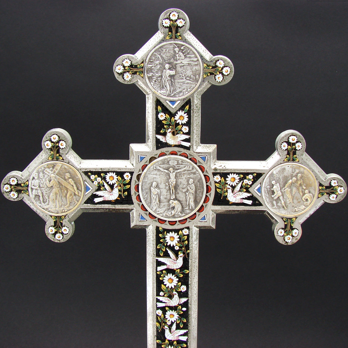 RARE 16" Tall Italian Altar Style Micro Mosaic Crucifix, Doves, Rome Souvenir