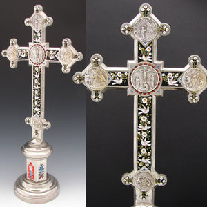 RARE 16" Tall Italian Altar Style Micro Mosaic Crucifix, Doves, Rome Souvenir