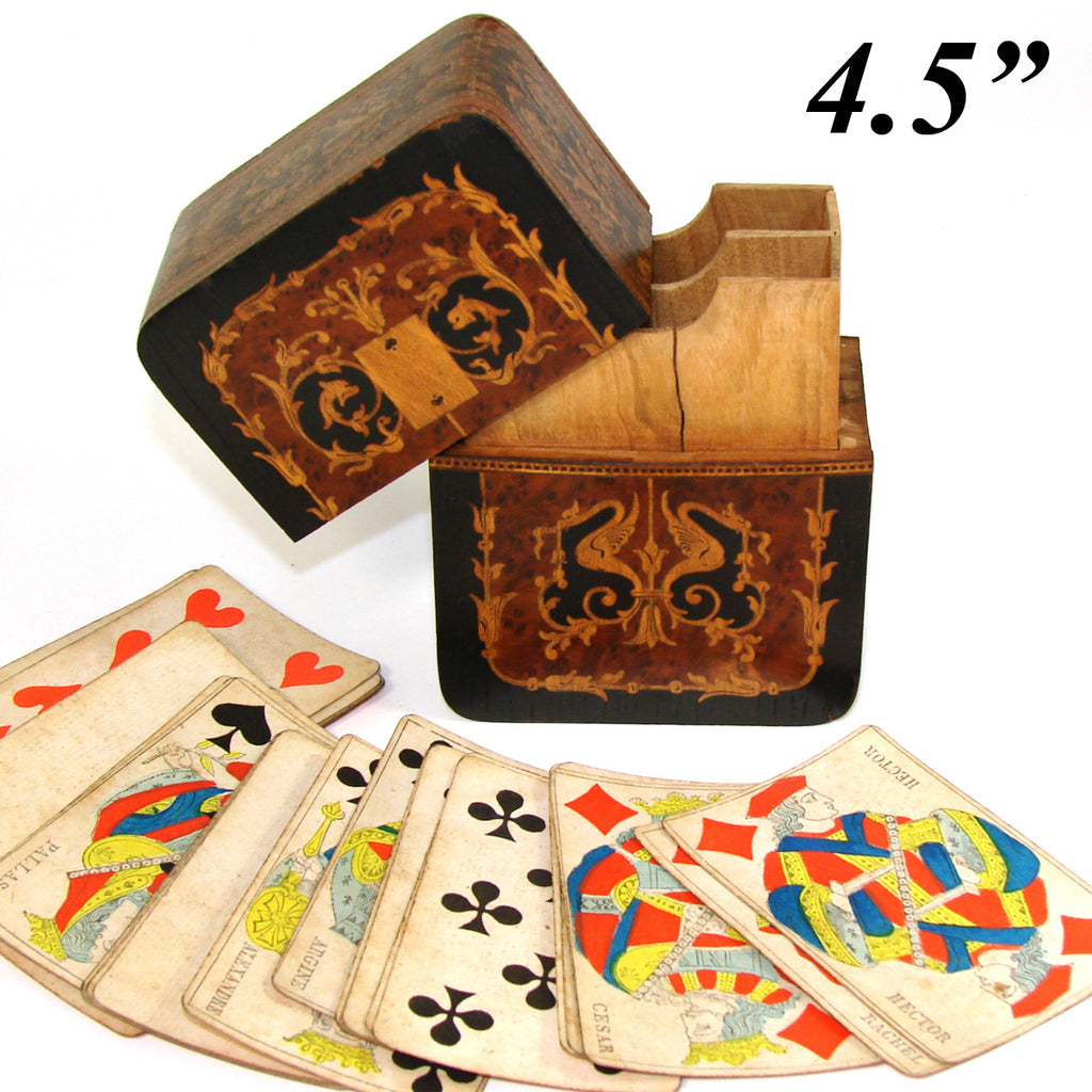 Antique Italian Sorrento Figural Inlay Playing Card Box, Casket, Figural & Mosaic Inlays