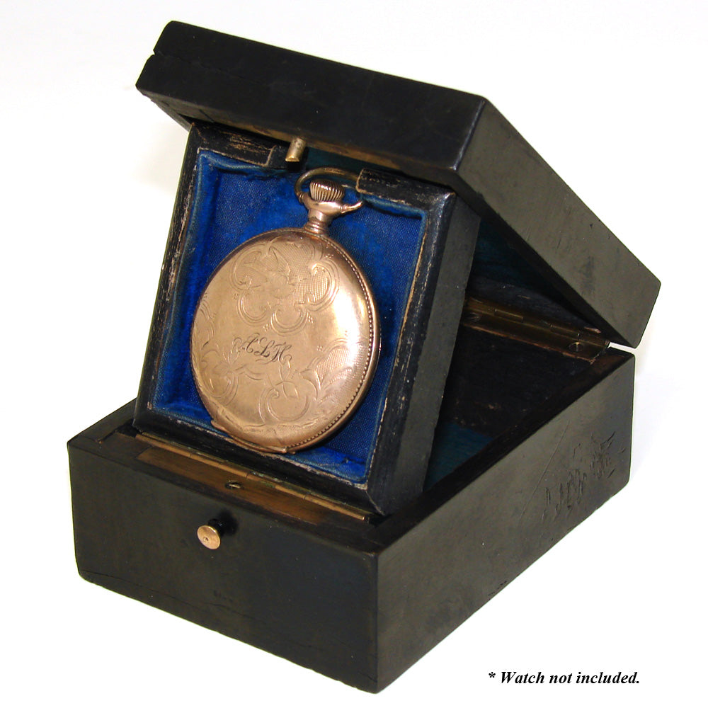 Antique French Napoleon III Pocket Watch or Jewelry Casket, Ebony with Brass Inlay