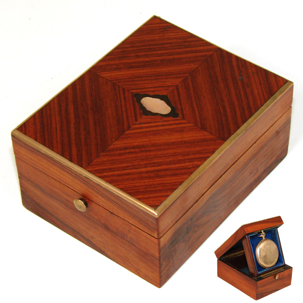 Superb Antique French Napoleon III Pocket Watch or Jewelry Casket, Kingwood Marquetry