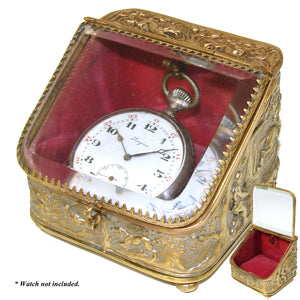 Lovely Antique French Napoleon III Pocket Watch Display Box, Casket, Figural Hunt Theme