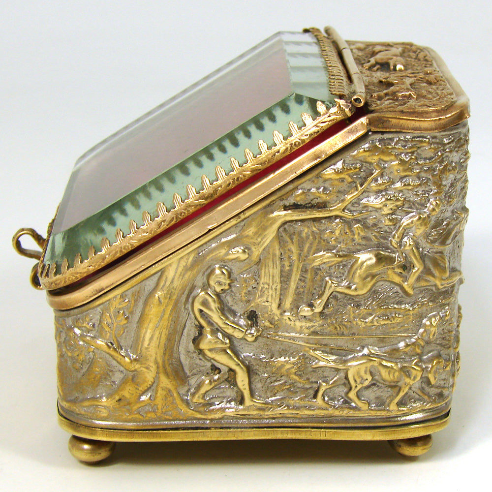 Lovely Antique French Napoleon III Pocket Watch Display Box, Casket, Figural Hunt Theme