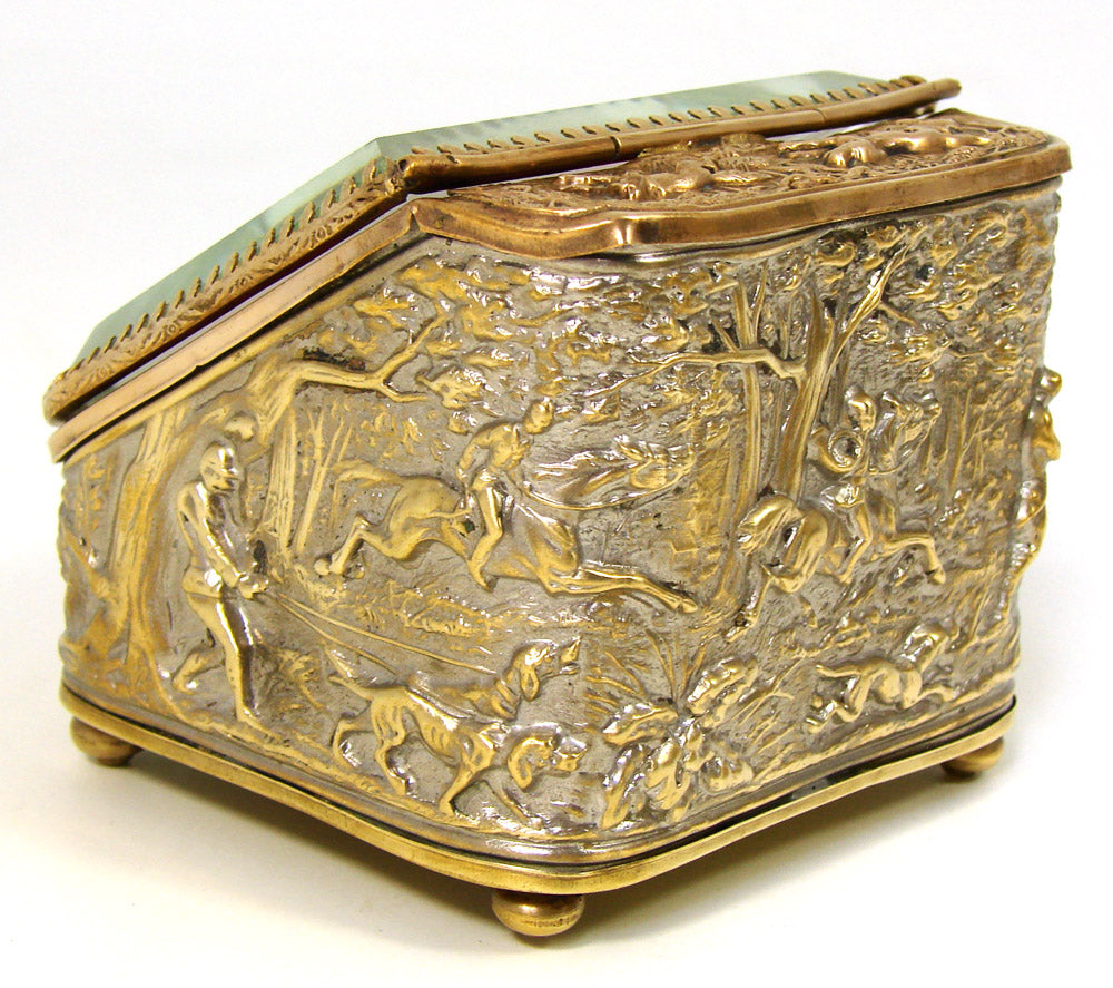 Lovely Antique French Napoleon III Pocket Watch Display Box, Casket, Figural Hunt Theme