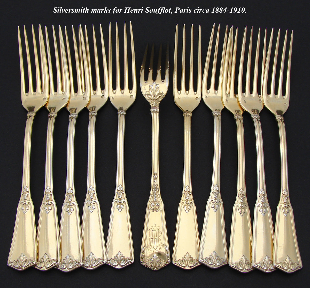 Gorgeous Antique French 18k Vermeil Silver 22pc Dessert Fork & Spoon Set,  R.C. Monogram