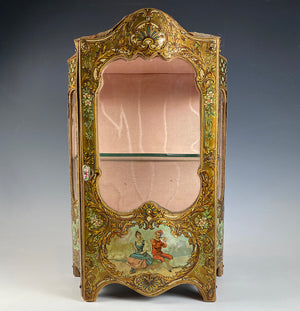 Antique French Miniature Armoire, Vitrine in Faux Vernis Martin, Serpentine Glass