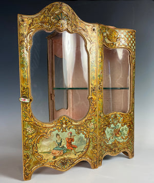 Antique French Miniature Armoire, Vitrine in Faux Vernis Martin, Serpentine Glass