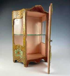 Antique French Miniature Armoire, Vitrine in Faux Vernis Martin, Serpentine Glass