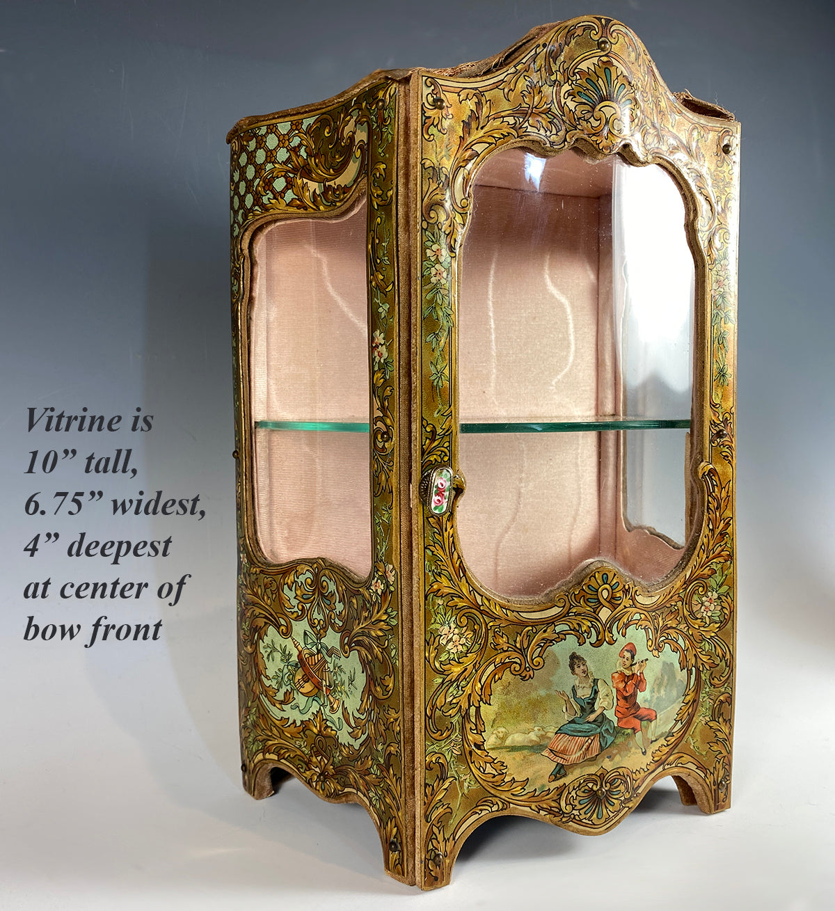 Antique French Miniature Armoire, Vitrine in Faux Vernis Martin, Serpentine Glass