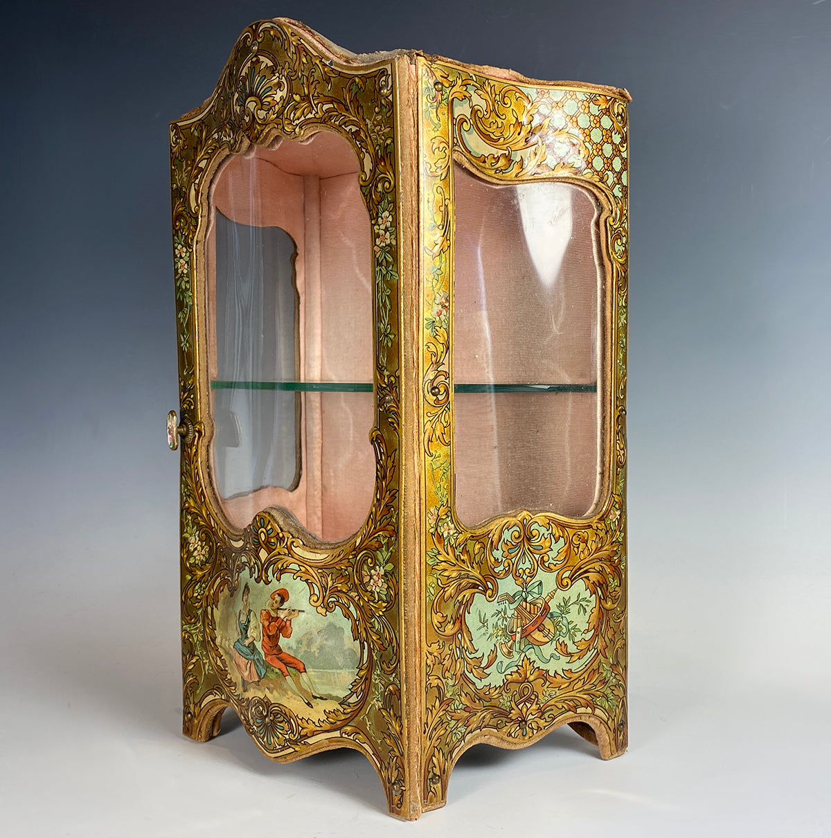 Antique French Miniature Armoire, Vitrine in Faux Vernis Martin, Serpentine Glass