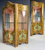 Antique French Miniature Armoire, Vitrine in Faux Vernis Martin, Serpentine Glass