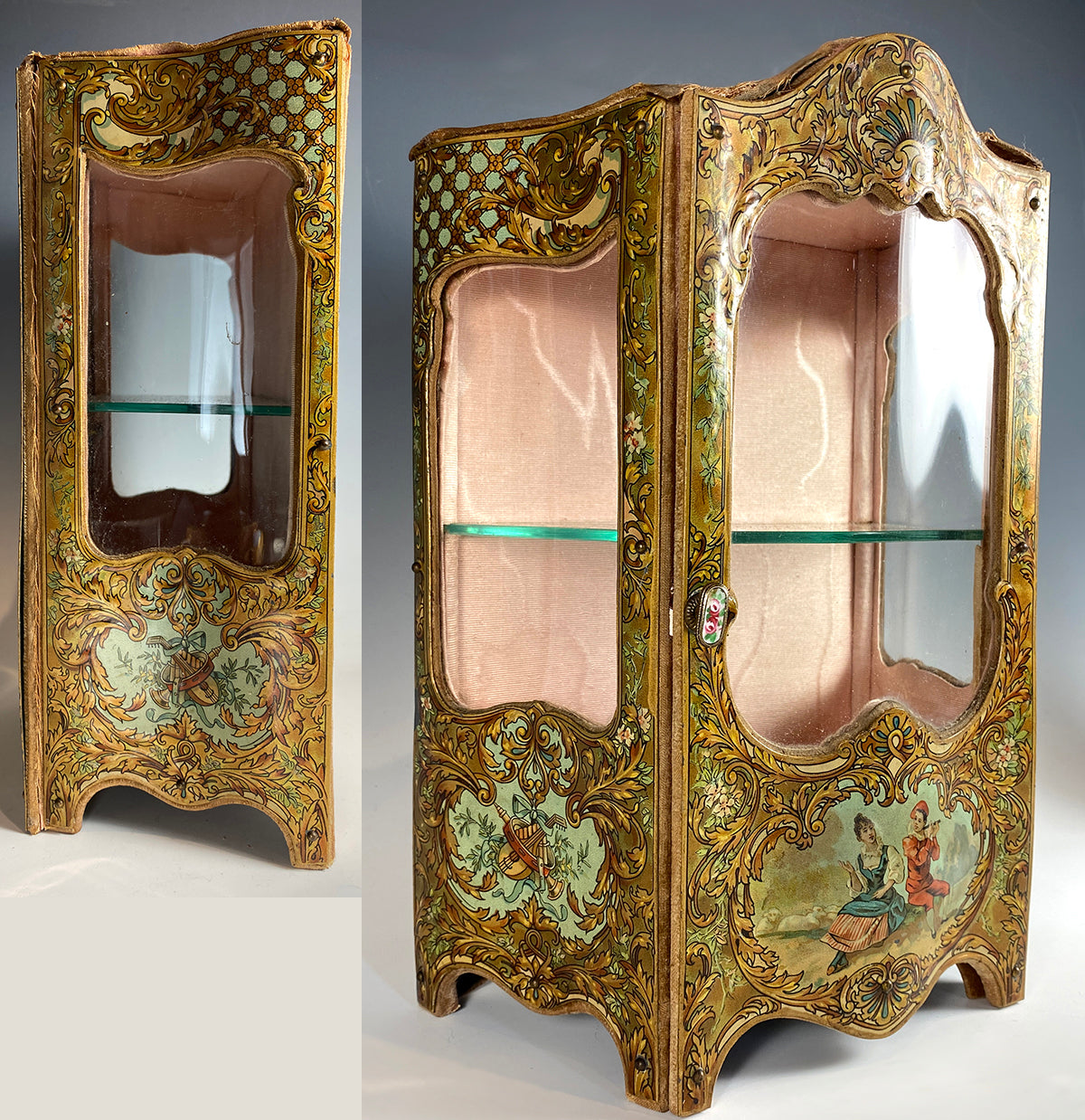 Antique French Miniature Armoire, Vitrine in Faux Vernis Martin, Serpentine Glass