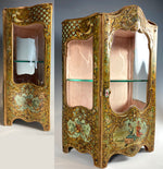 Antique French Miniature Armoire, Vitrine in Faux Vernis Martin, Serpentine Glass