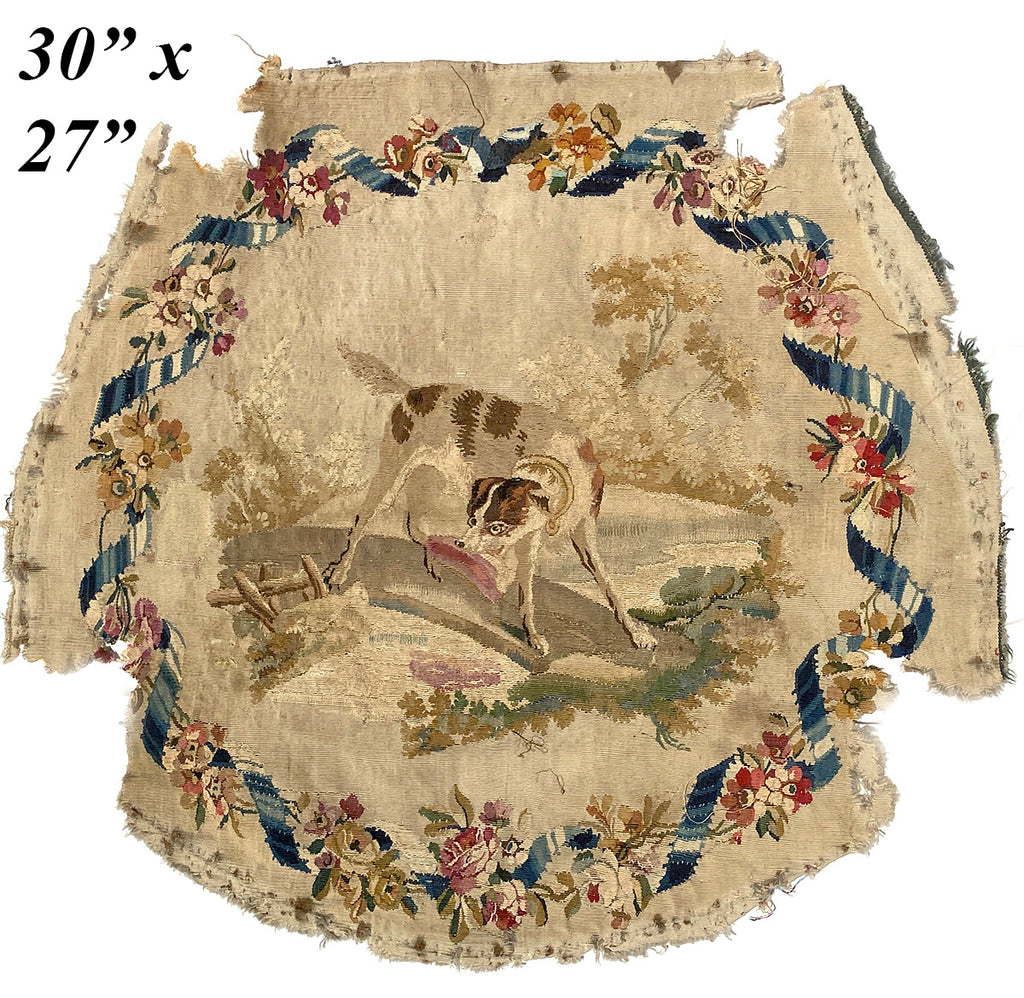 Superb Large 18th Century Aubusson Tapestry Panel, Rich Florals, Landscape w Dog, for Pillow