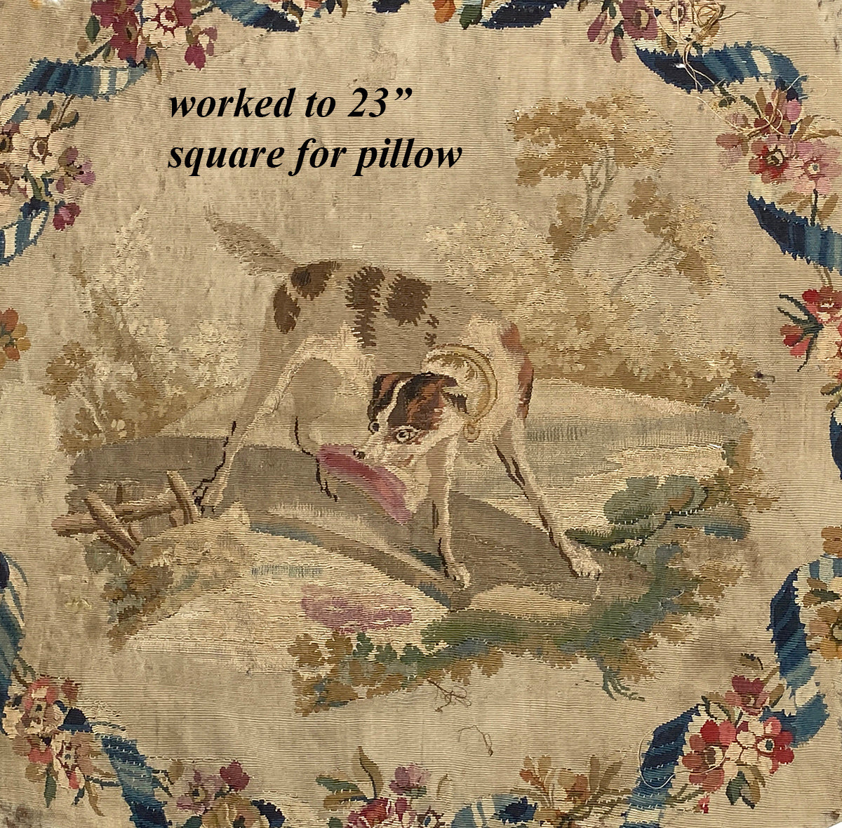 Superb Large 18th Century Aubusson Tapestry Panel, Rich Florals, Landscape w Dog, for Pillow