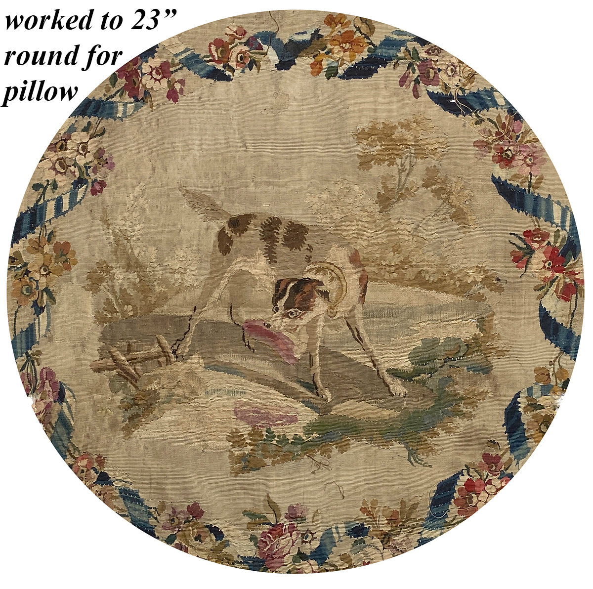 Superb Large 18th Century Aubusson Tapestry Panel, Rich Florals, Landscape w Dog, for Pillow