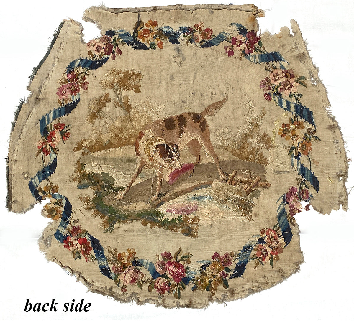 Superb Large 18th Century Aubusson Tapestry Panel, Rich Florals, Landscape w Dog, for Pillow