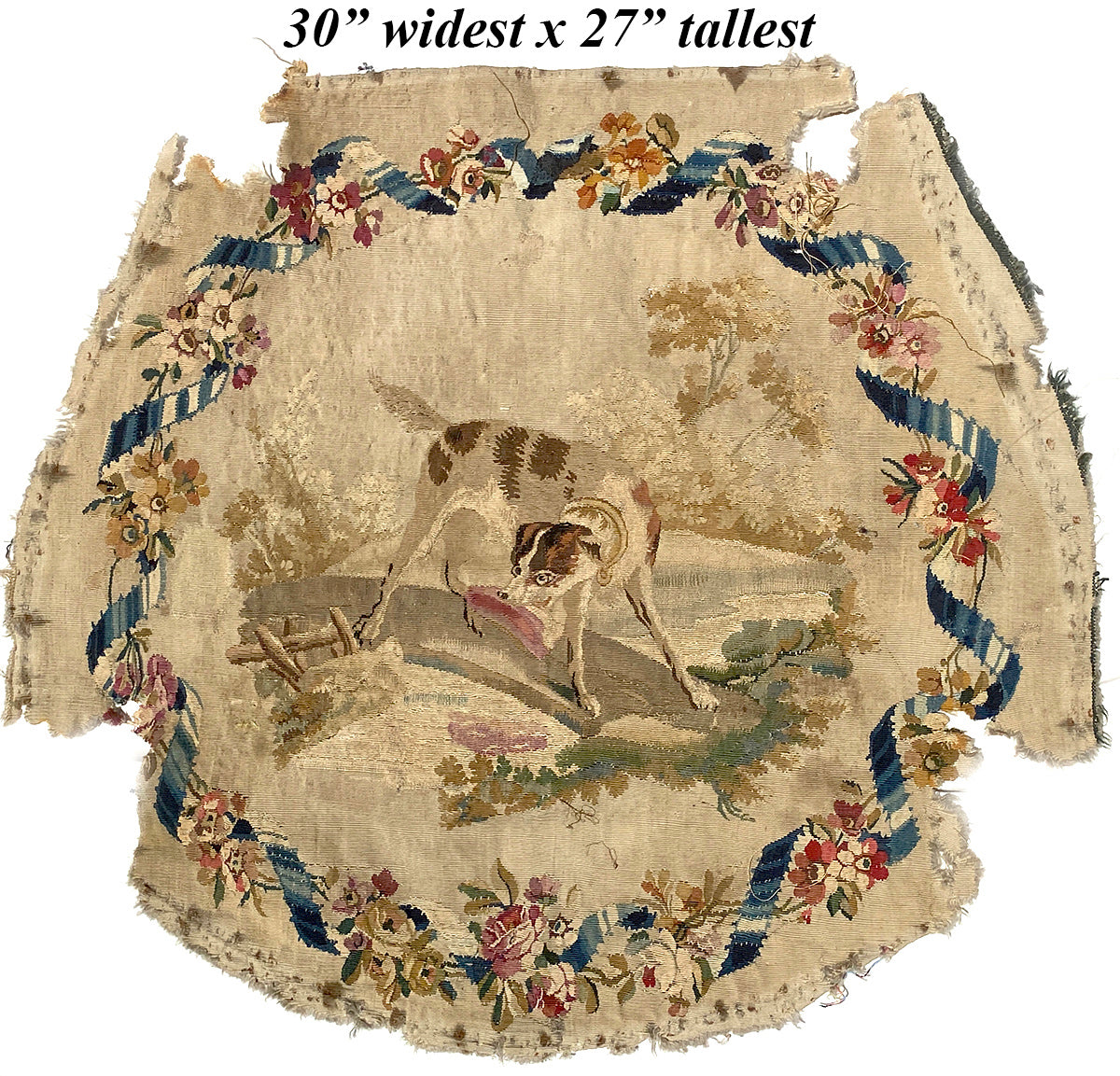 Superb Large 18th Century Aubusson Tapestry Panel, Rich Florals, Landscape w Dog, for Pillow