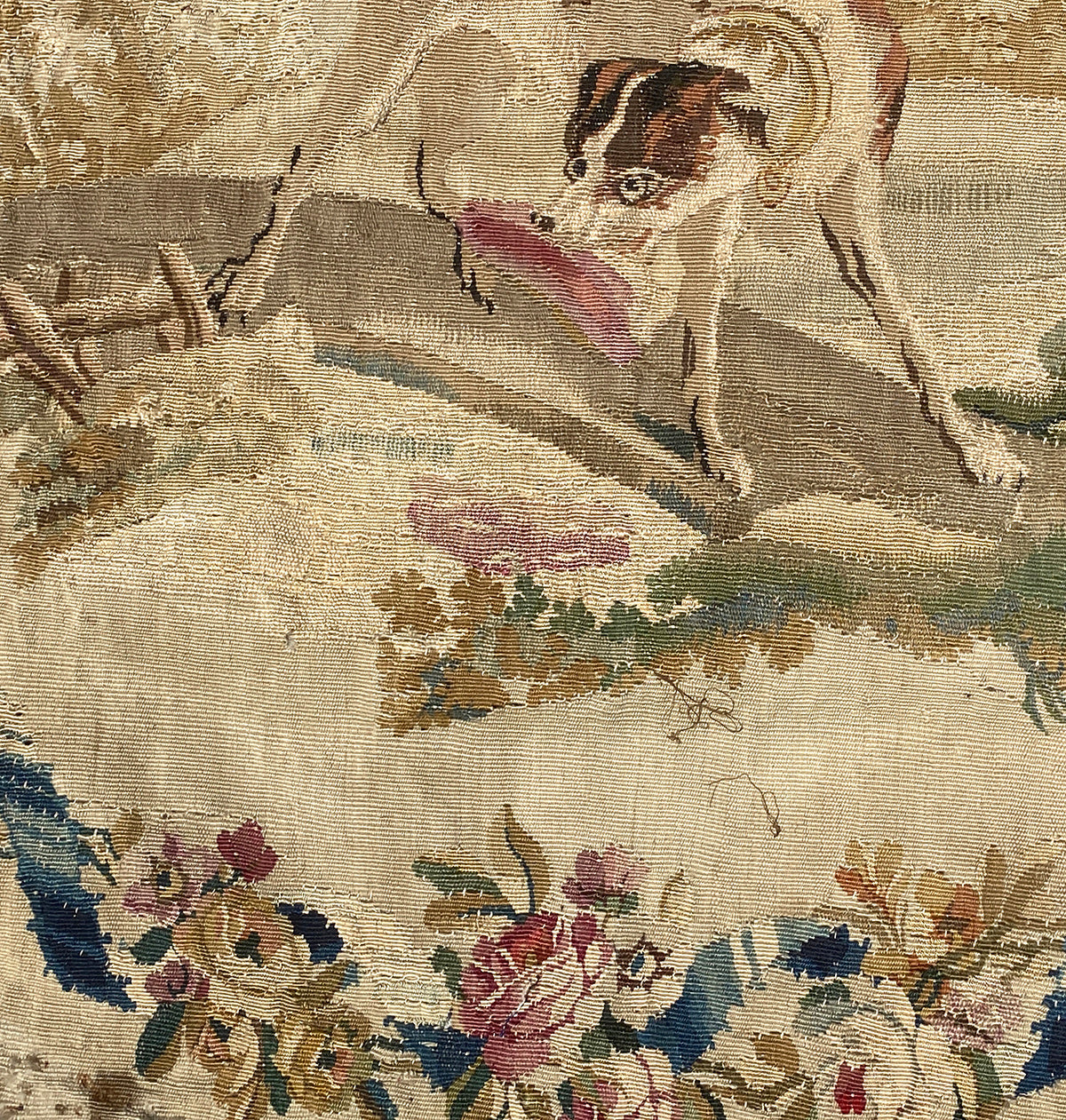 Superb Large 18th Century Aubusson Tapestry Panel, Rich Florals, Landscape w Dog, for Pillow