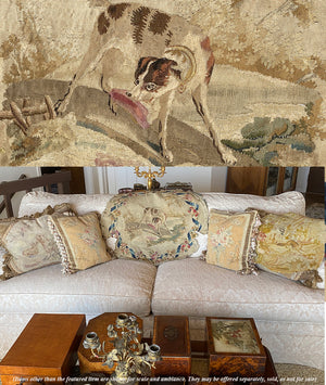 Superb Large 18th Century Aubusson Tapestry Panel, Rich Florals, Landscape w Dog, for Pillow