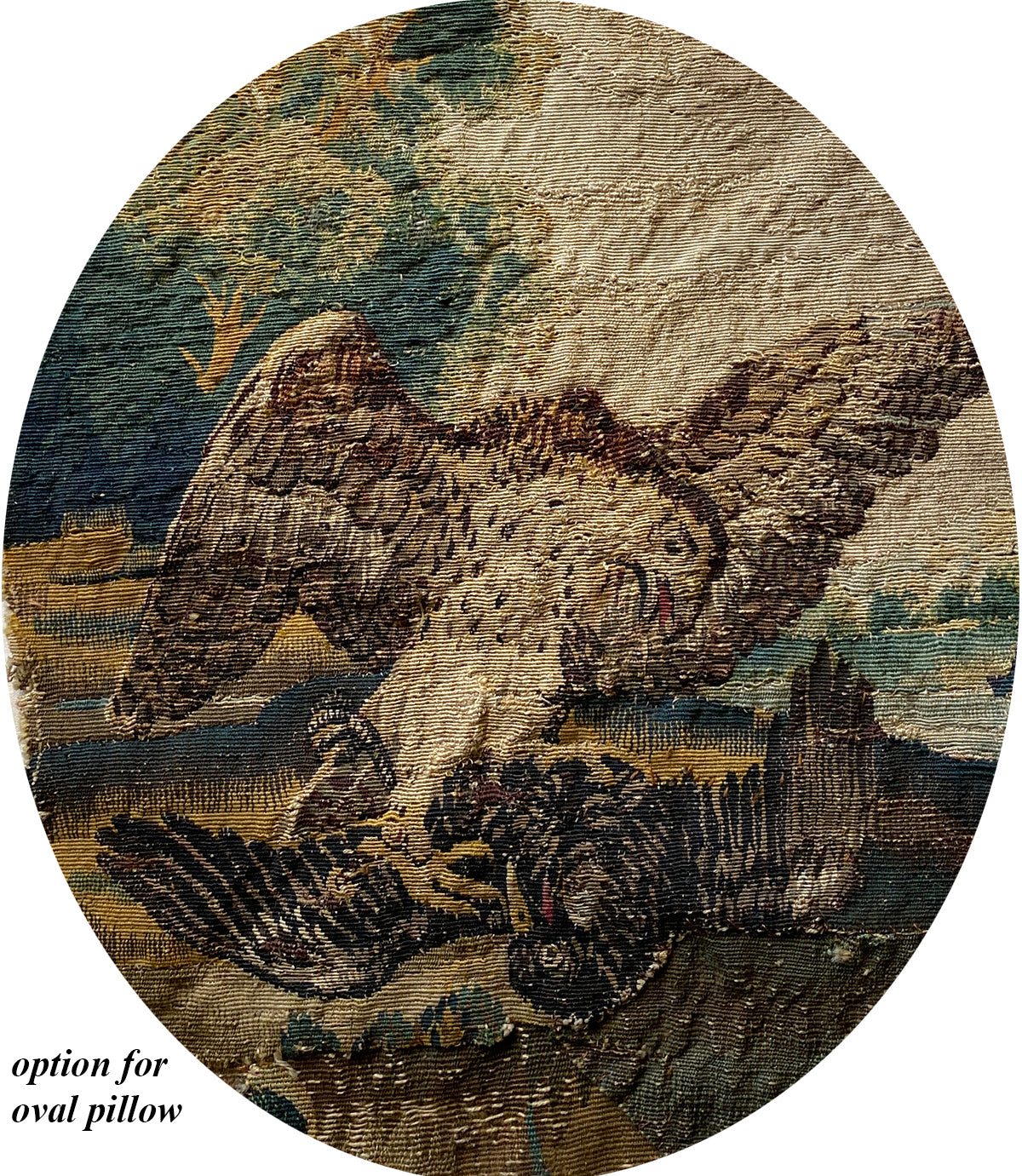 Antique Flemish Verdure Fine Tapestry Fragment for Pillow, Eagle and Crow, Landscape