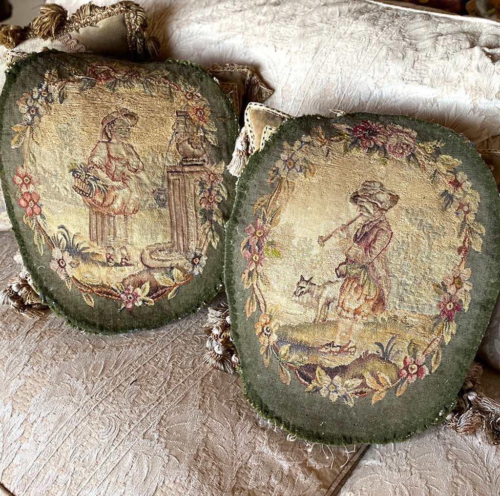 Pair 18th Century French Aubusson Tapestry Panels for Throw Pillows, Figural Chair Backs