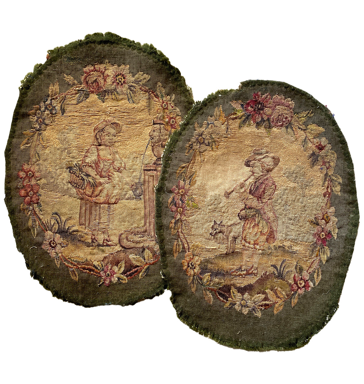 Pair 18th Century French Aubusson Tapestry Panels for Throw Pillows, Figural Chair Backs