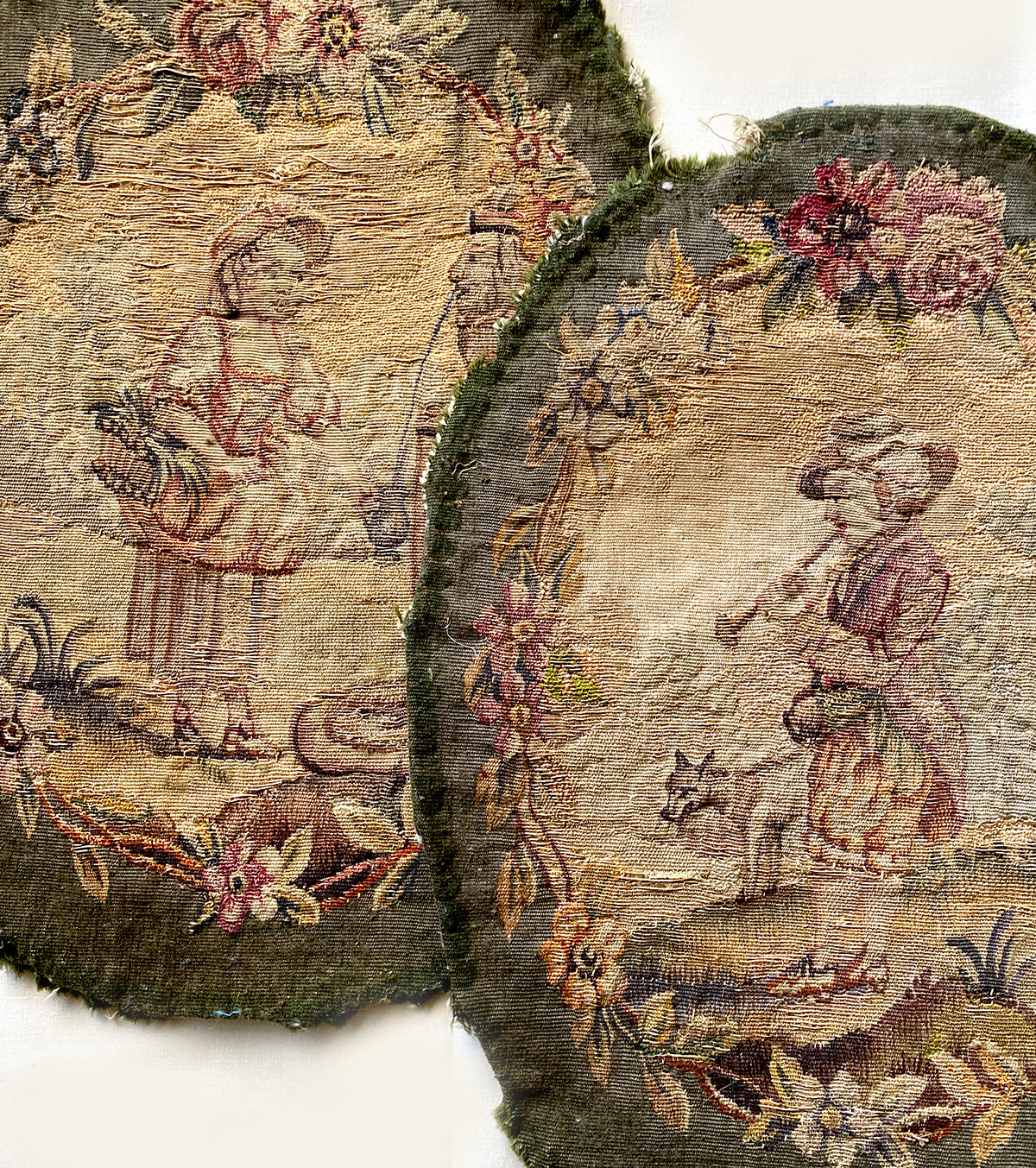 Pair 18th Century French Aubusson Tapestry Panels for Throw Pillows, Figural Chair Backs