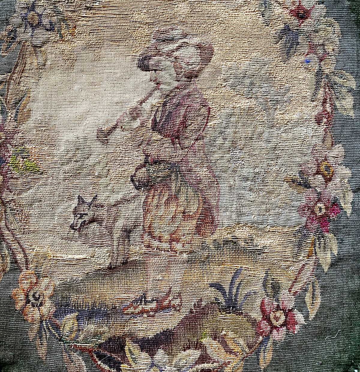 Pair 18th Century French Aubusson Tapestry Panels for Throw Pillows, Figural Chair Backs