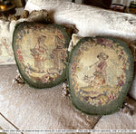 Pair 18th Century French Aubusson Tapestry Panels for Throw Pillows, Figural Chair Backs
