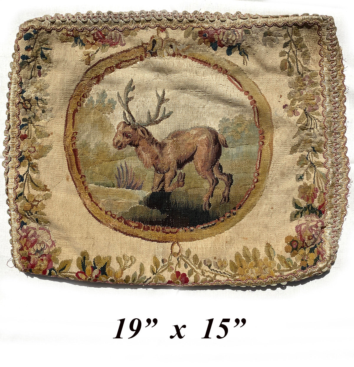 Antique French c.1700s Aubusson Tapestry Panel Pillow, Stag and Florals, 19" x 15"