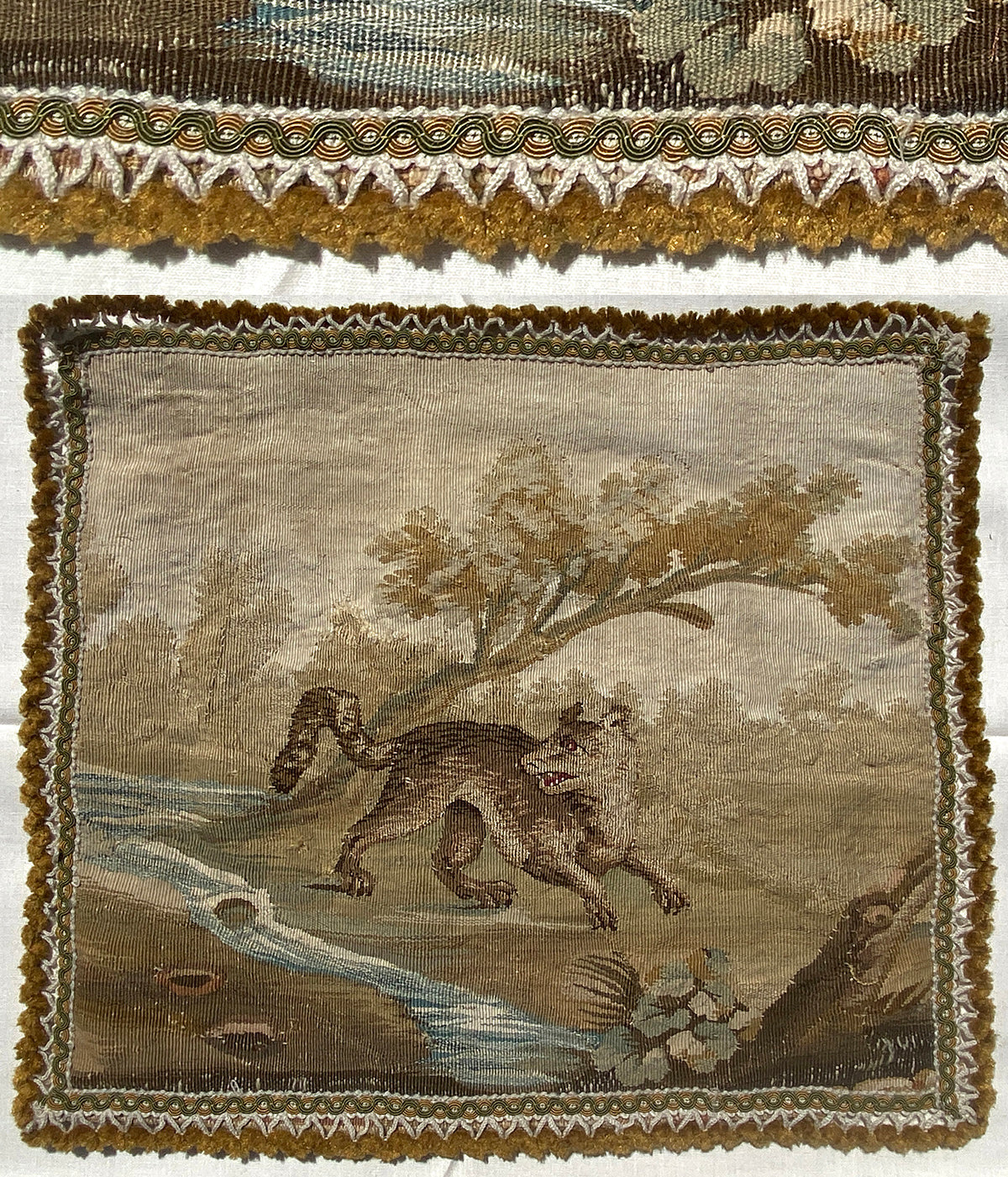 Antique c.1700s French Aubusson Fragment, Panel with Fox, Passementerie, Ready to Make Pillow